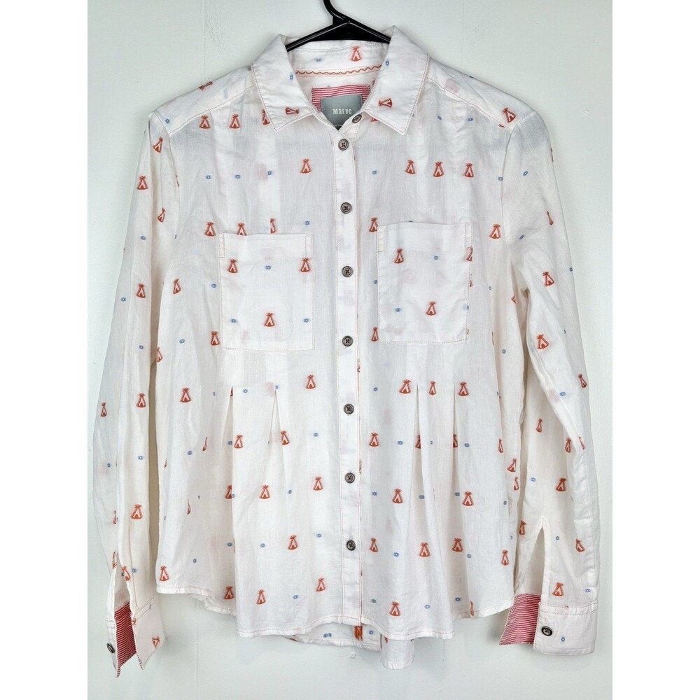 Anthropologie Maeve Blouse Button Down Western Airy Cream Long Sleeve Sz 0